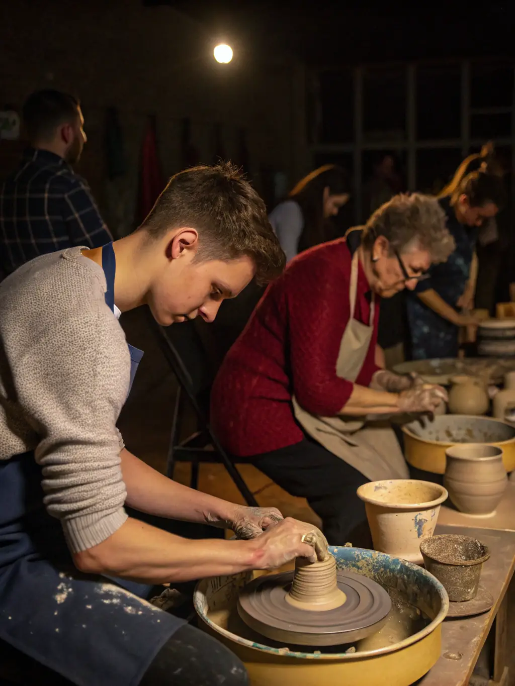 A photograph capturing a pottery workshop in progress, showcasing participants of diverse ages and backgrounds crafting clay pieces with guidance from an instructor, set in a brightly lit studio.