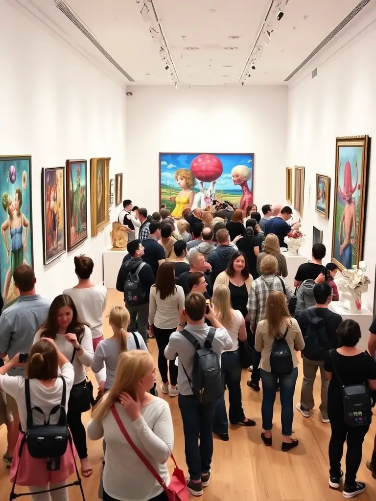 A photograph of an art exhibition showcasing a variety of paintings and sculptures, with visitors admiring the artworks in a gallery setting, highlighting the diversity of artistic styles.