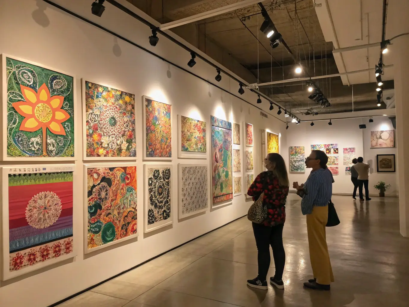 A colorful display of artwork at a community art exhibition, highlighting the talent and creativity fostered by ALSM's programs.