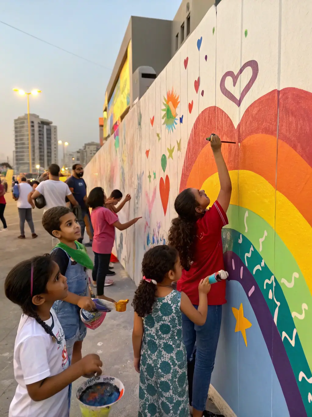 A vibrant image of a community art project where participants are collaboratively painting a mural on a large wall, showcasing the spirit of community engagement and artistic expression.