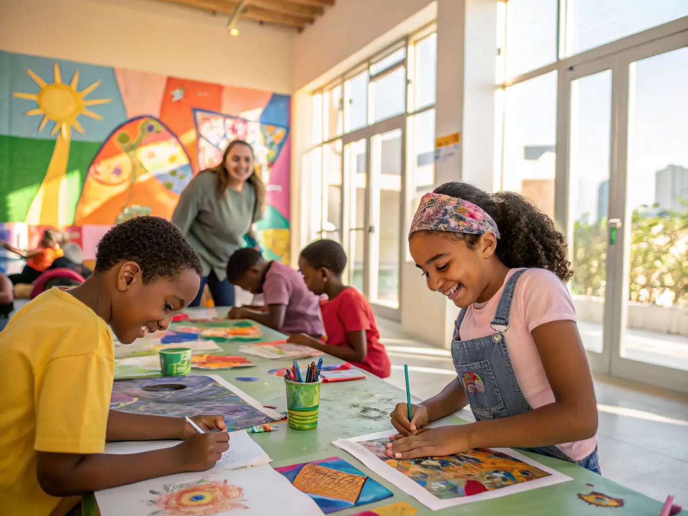 A vibrant art workshop in progress, with participants of all ages engaged in painting and creative expression, showcasing ALSM's commitment to hands-on arts education.