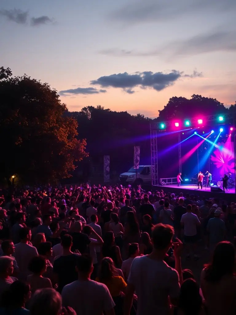 A dynamic image of a live musical performance featuring a local band on stage, with an enthusiastic audience enjoying the music in an outdoor setting during a community festival.